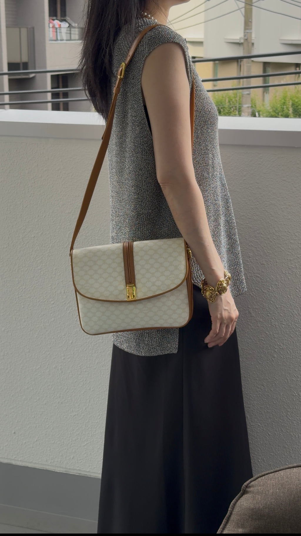 Celine White Macadam Flap Shoulder Bag