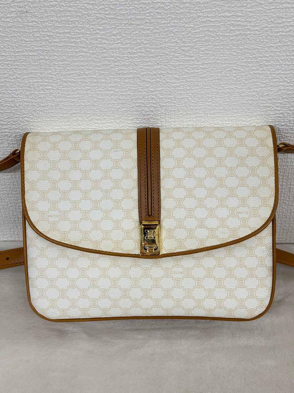 Celine White Macadam Flap Shoulder Bag