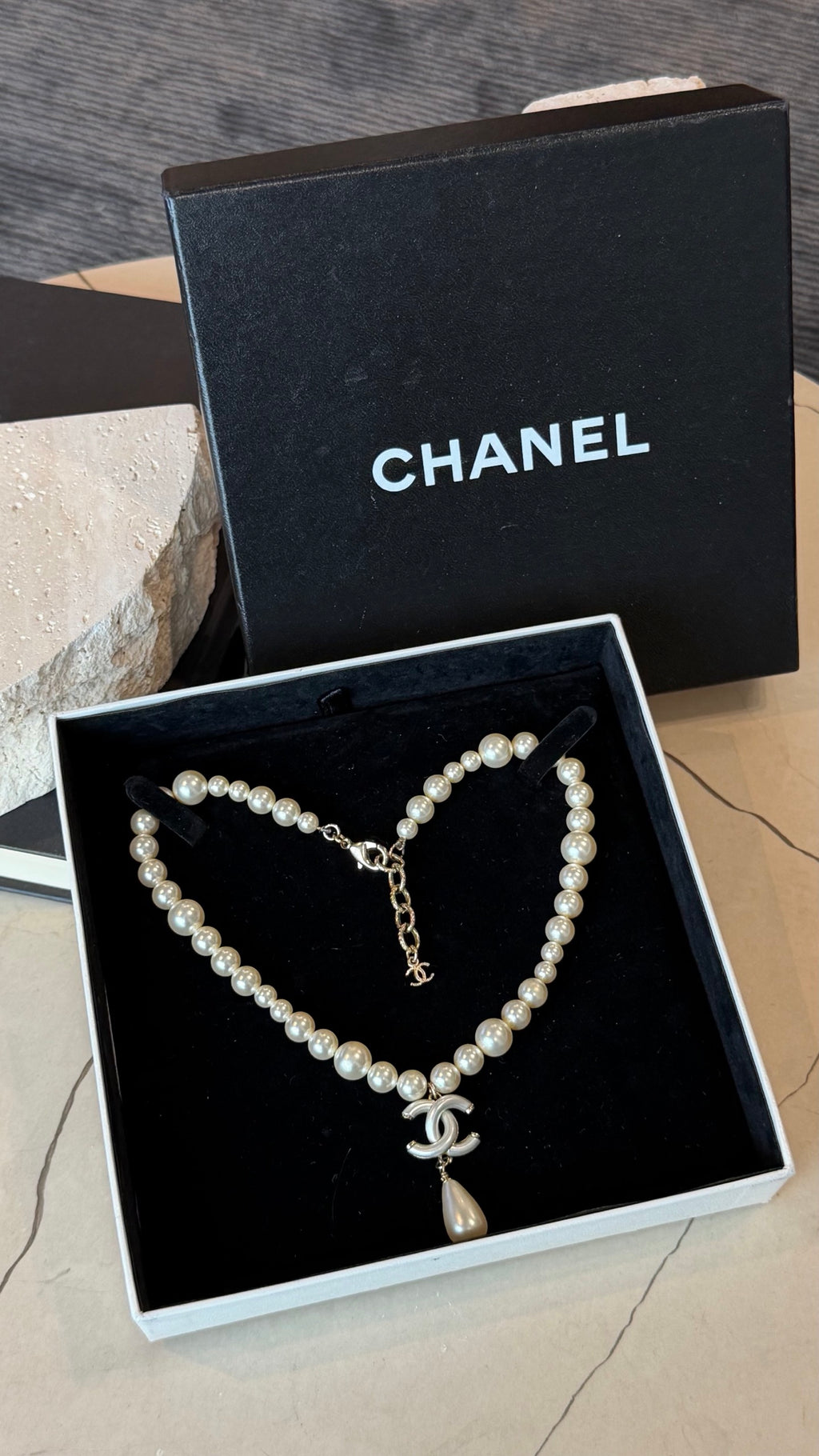 Chanel Faux Pearl CC Drop Choker Necklace