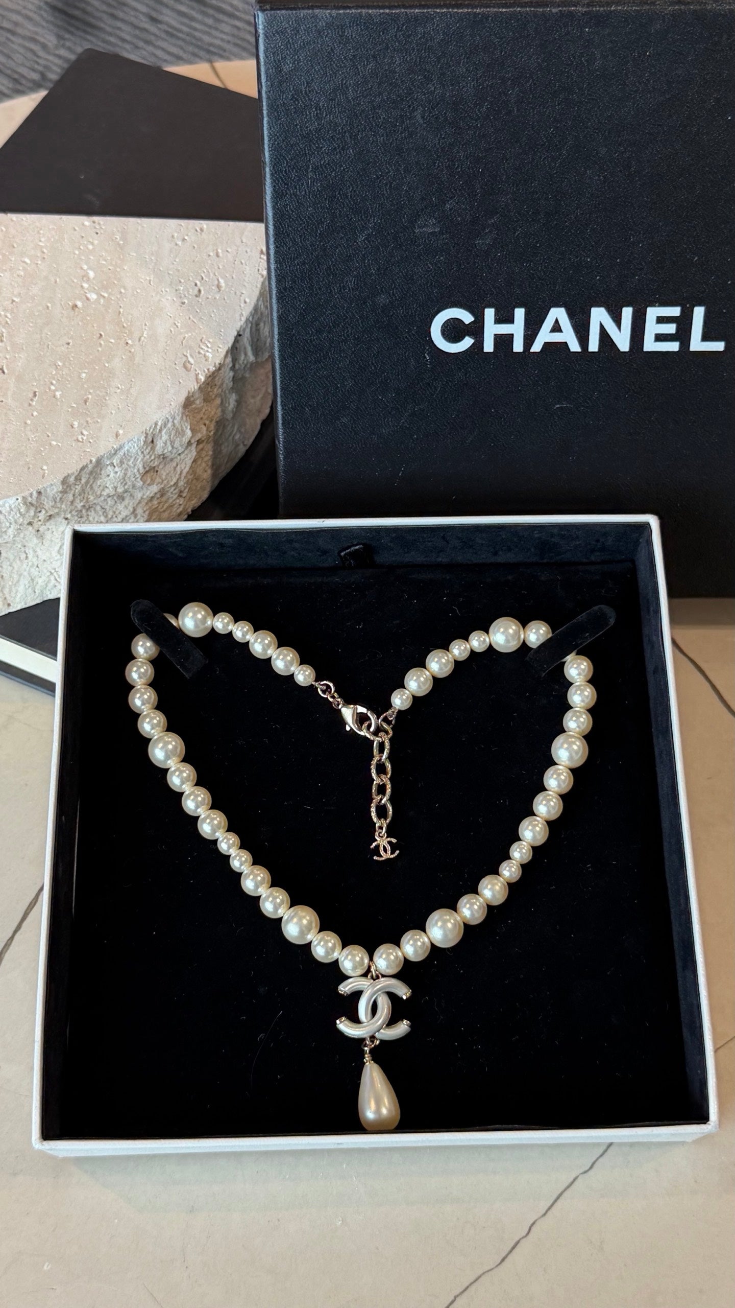 Chanel Faux Pearl CC Drop Choker Necklace