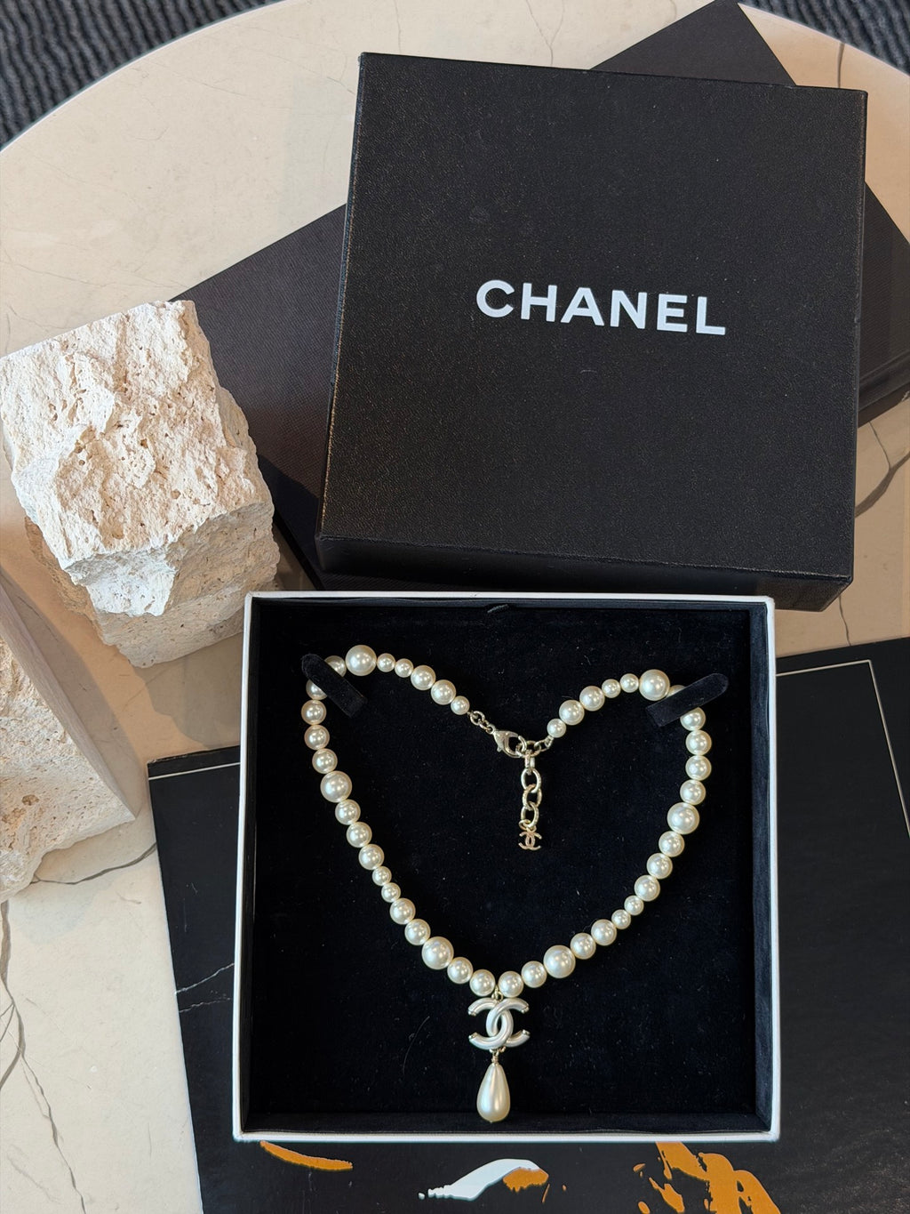 Chanel Faux Pearl CC Drop Choker Necklace
