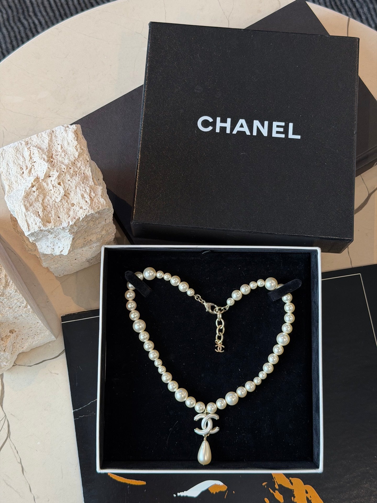 Chanel Faux Pearl CC Drop Choker Necklace