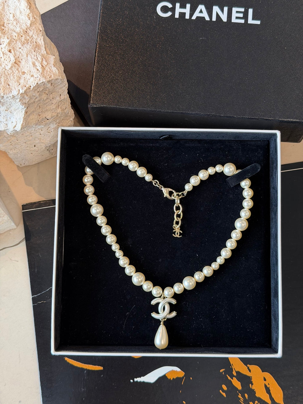 Chanel Faux Pearl CC Drop Choker Necklace