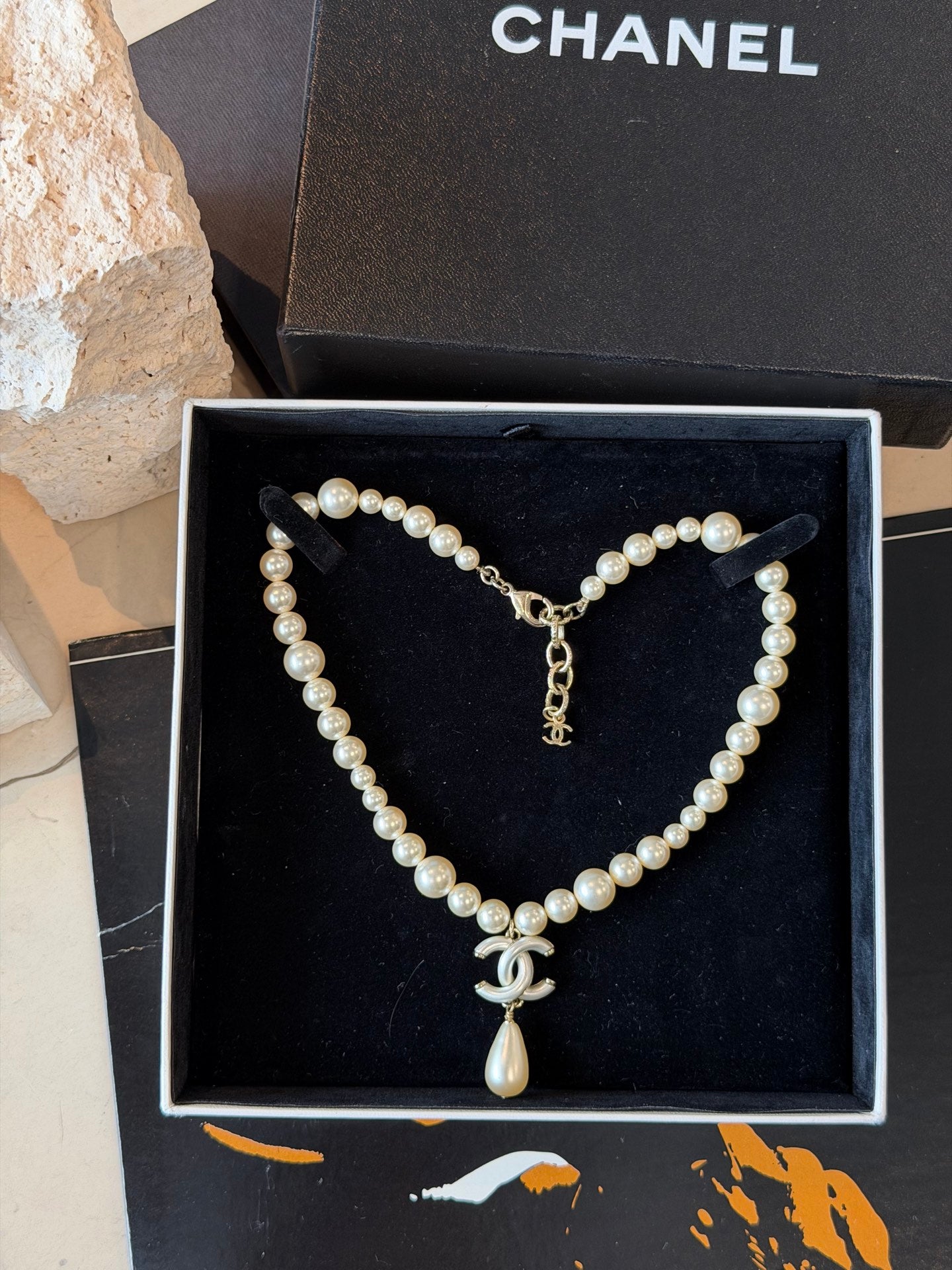 Chanel Faux Pearl CC Drop Choker Necklace
