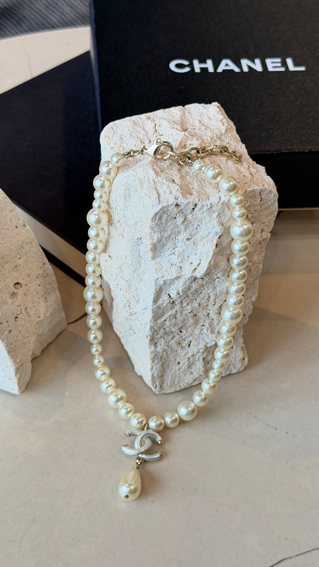 Chanel Faux Pearl CC Drop Choker Necklace