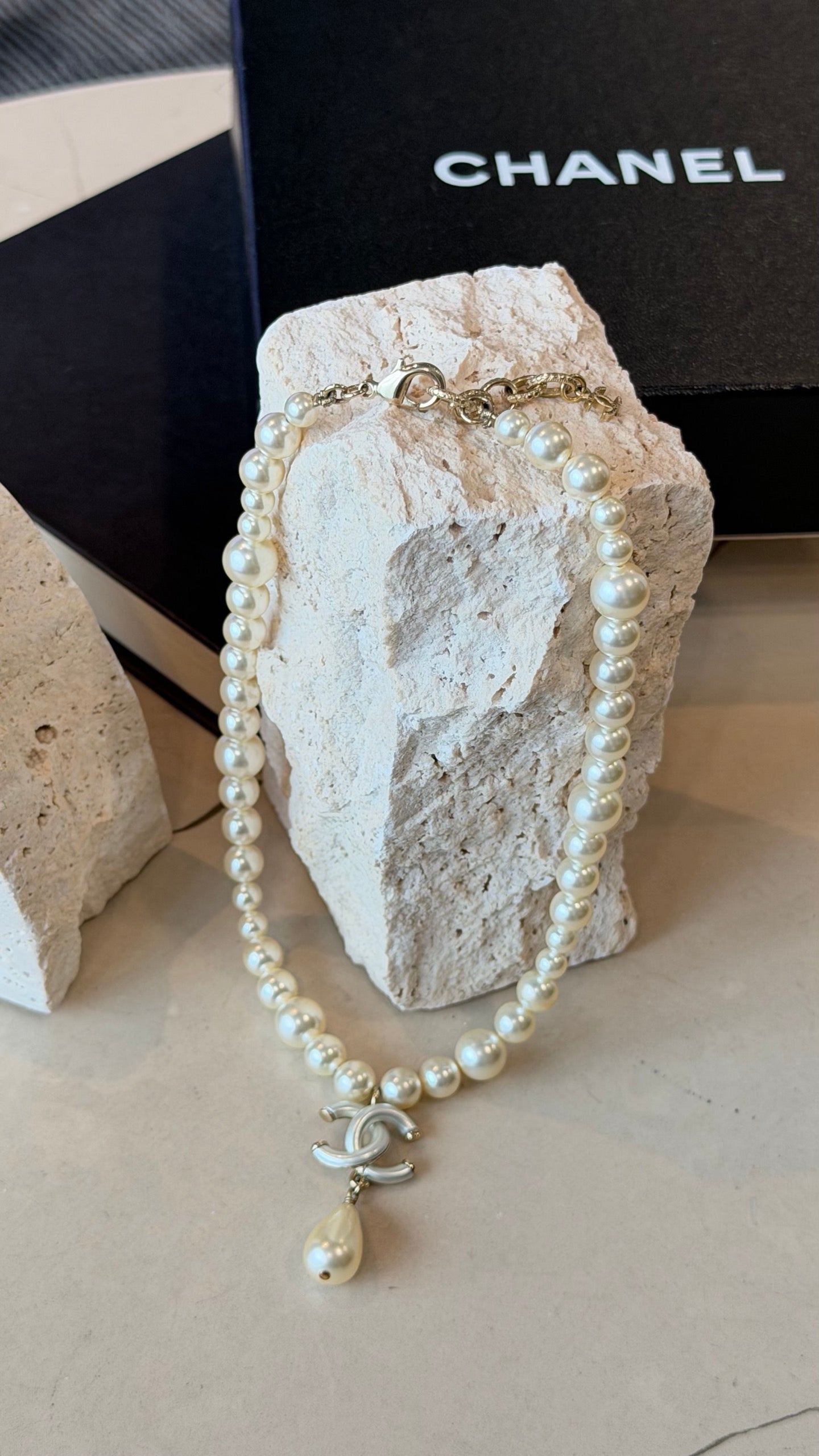 Chanel Faux Pearl CC Drop Choker Necklace