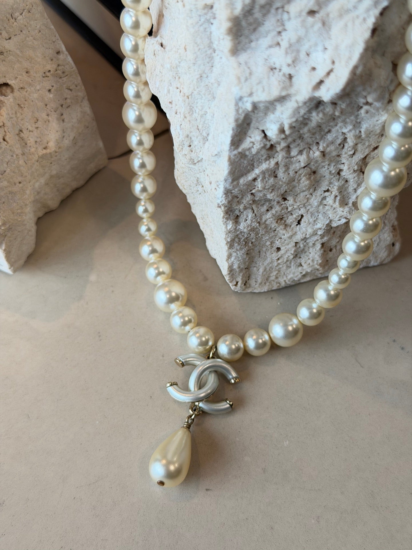Chanel Faux Pearl CC Drop Choker Necklace