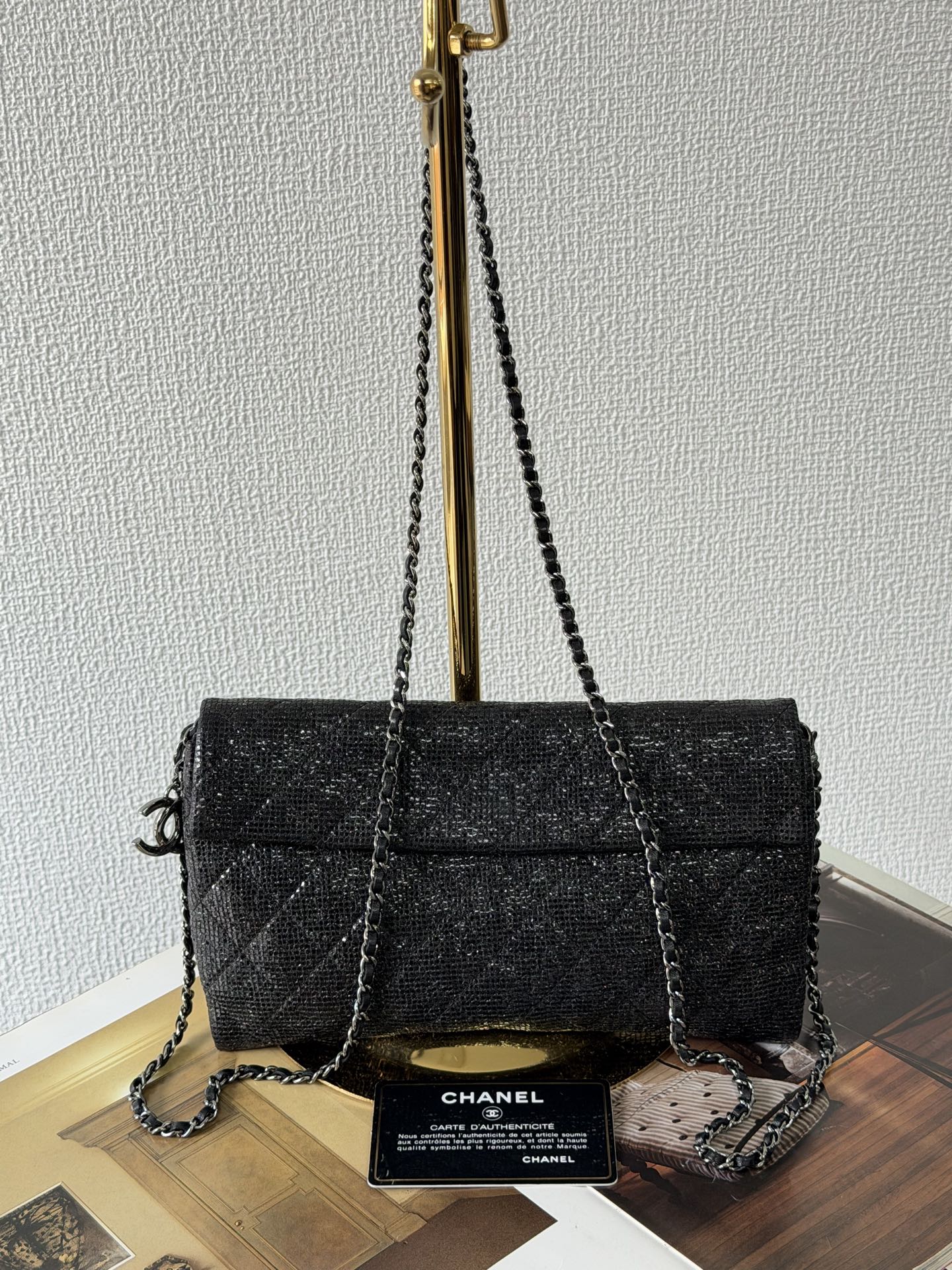 Chanel Black Quilted Glitter Fabric Limited Edition Christmas 2014 Flap Chain bag