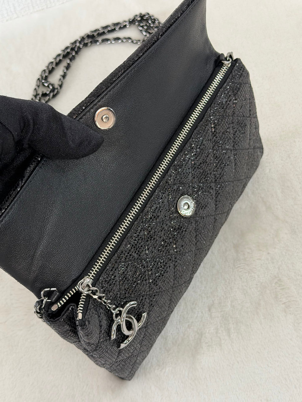 Chanel Black Quilted Glitter Fabric Limited Edition Christmas 2014 Flap Chain bag