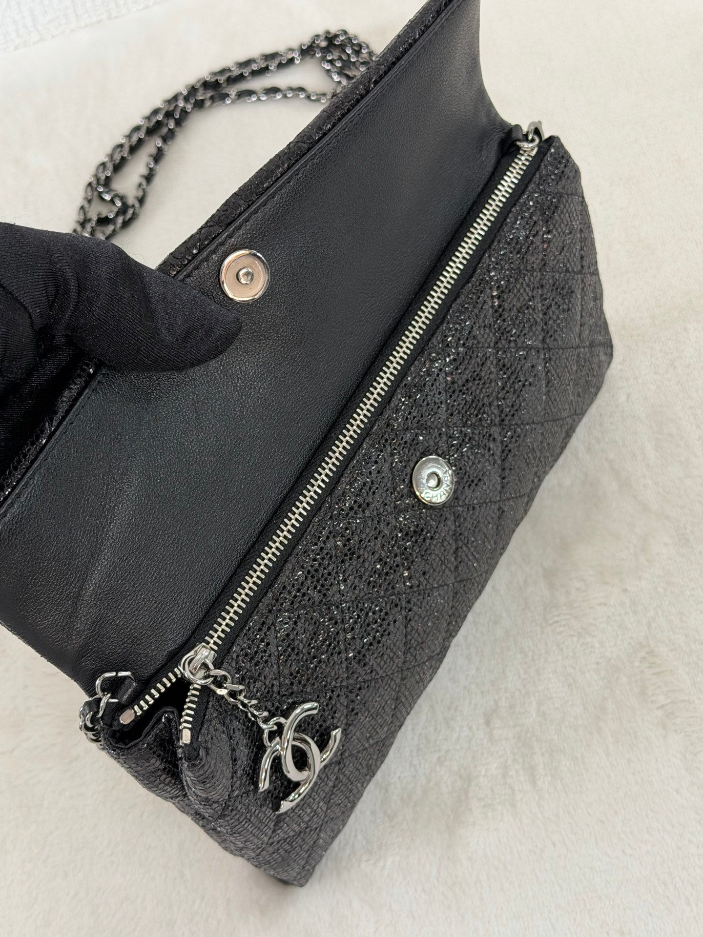 Chanel Black Quilted Glitter Fabric Limited Edition Christmas 2014 Flap Chain bag