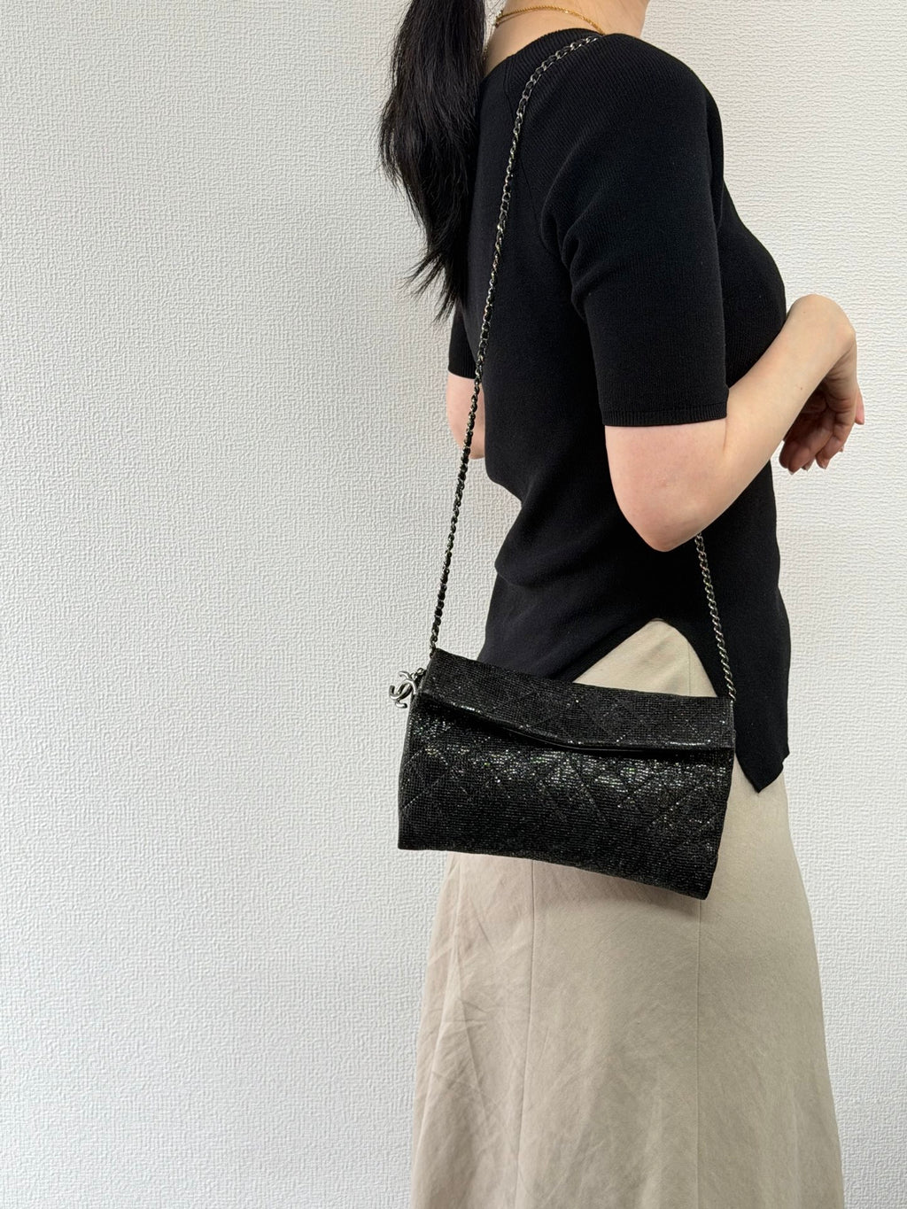 Chanel Black Quilted Glitter Fabric Limited Edition Christmas 2014 Flap Chain bag