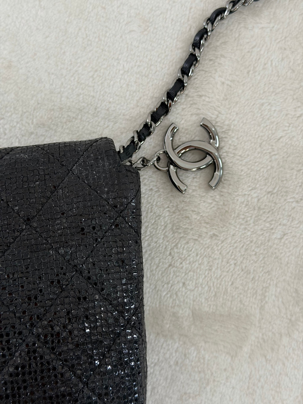 Chanel Black Quilted Glitter Fabric Limited Edition Christmas 2014 Flap Chain bag