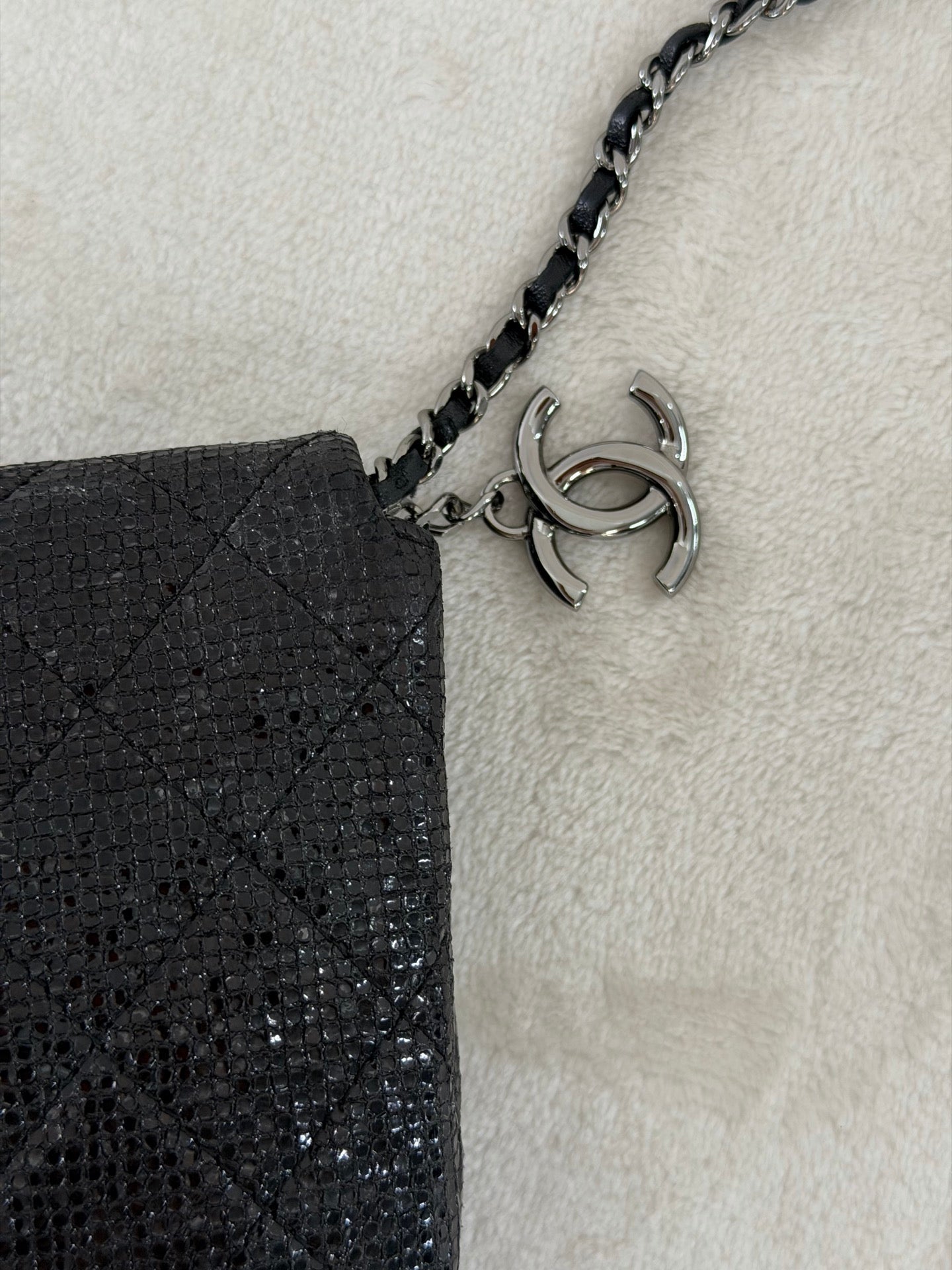 Chanel Black Quilted Glitter Fabric Limited Edition Christmas 2014 Flap Chain bag