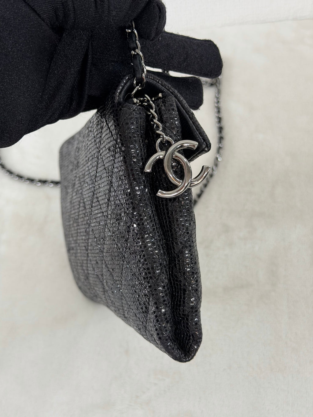 Chanel Black Quilted Glitter Fabric Limited Edition Christmas 2014 Flap Chain bag
