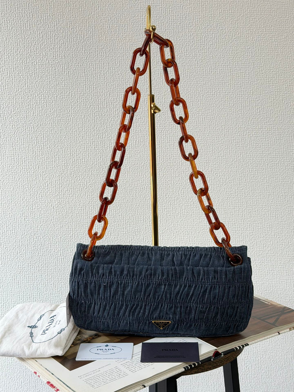 Prada Denim Gaufre Resin Chain Shoulder Bag