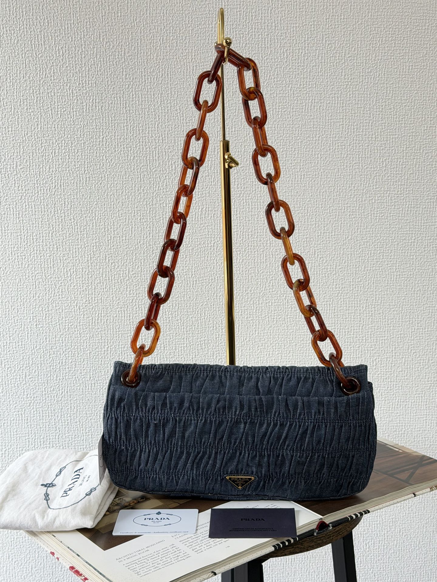 Prada Denim Gaufre Resin Chain Shoulder Bag