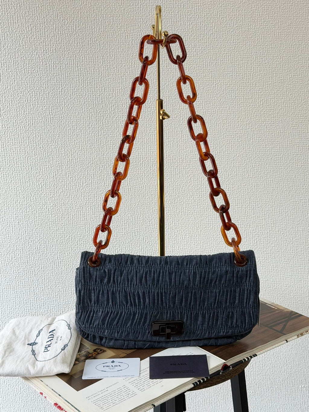 Prada Denim Gaufre Resin Chain Shoulder Bag