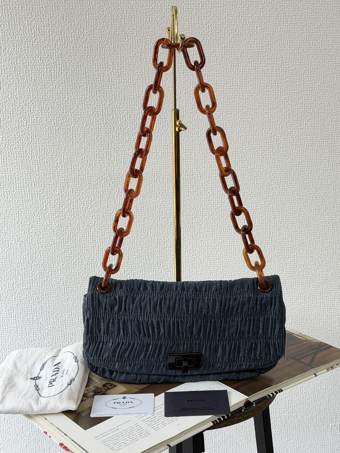 Prada Denim Gaufre Resin Chain Shoulder Bag