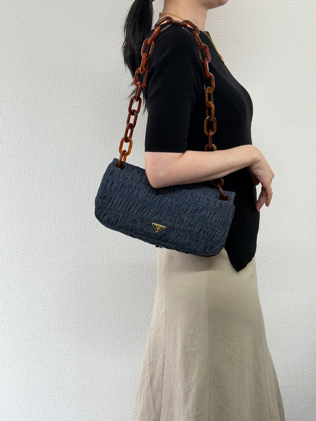Prada Denim Gaufre Resin Chain Shoulder Bag