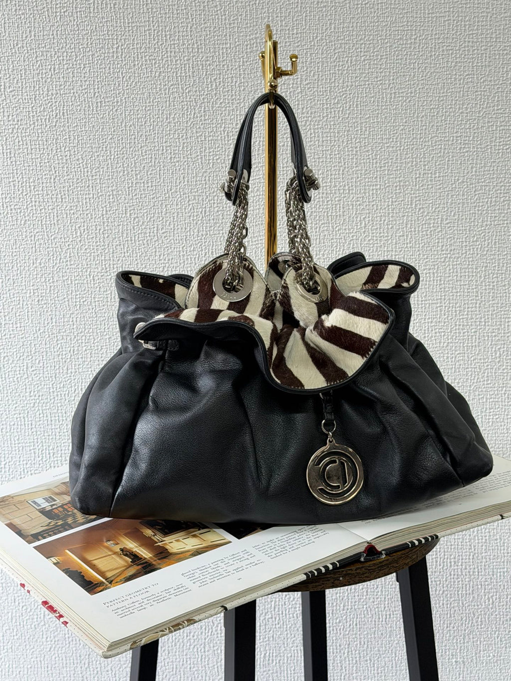 Dior Black Leather and Zebra Print Pony Hair Le Trente Bag