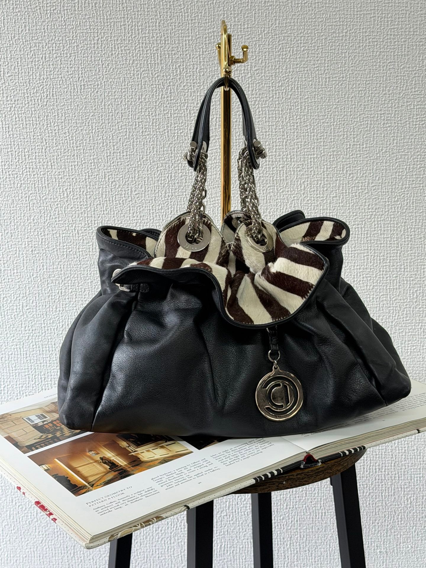 Dior Black Leather and Zebra Print Pony Hair Le Trente Bag