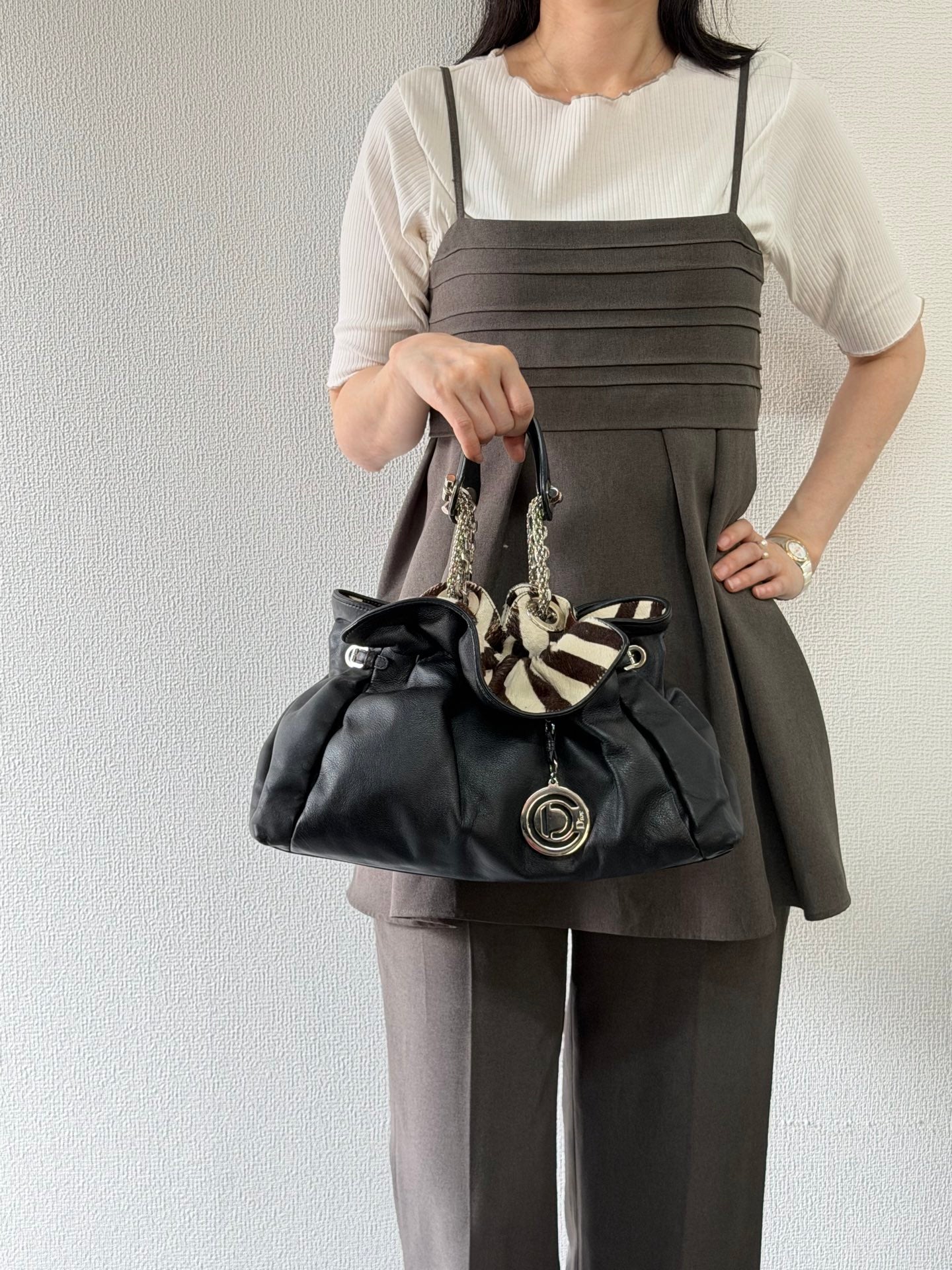 Dior Black Leather and Zebra Print Pony Hair Le Trente Bag
