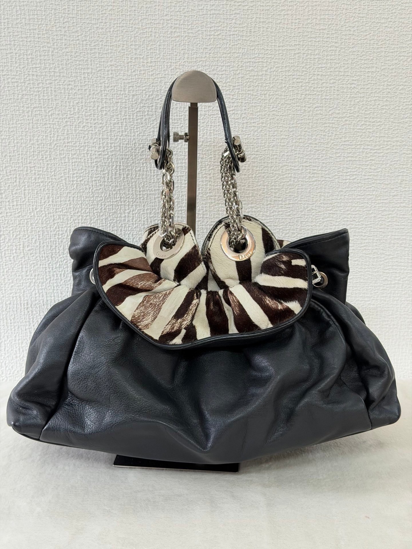 Dior Black Leather and Zebra Print Pony Hair Le Trente Bag