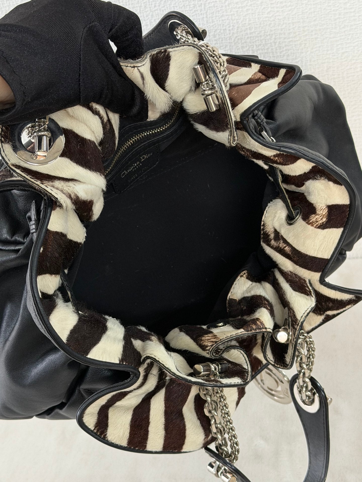 Dior Black Leather and Zebra Print Pony Hair Le Trente Bag