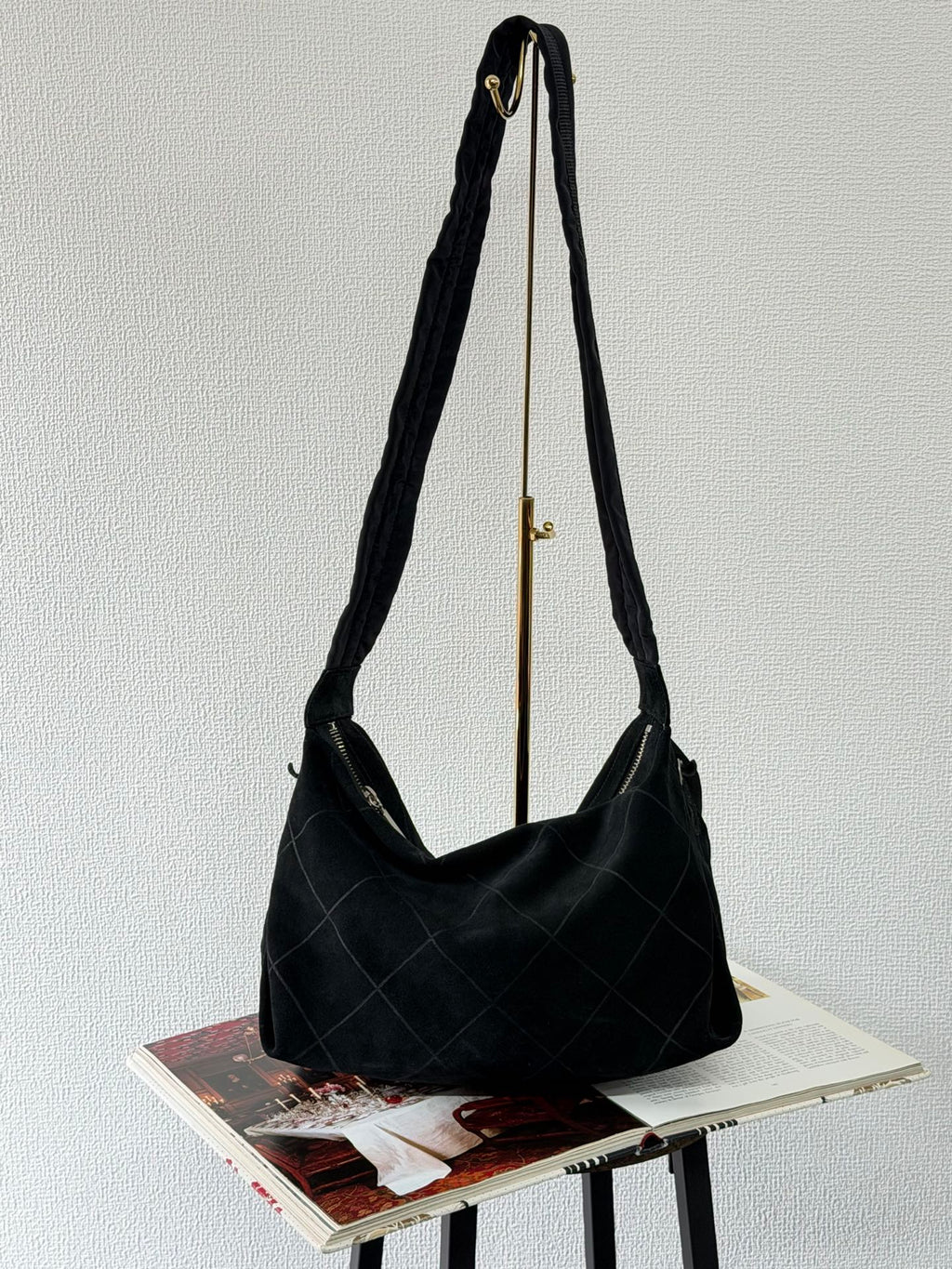 Chanel Black Quilted Suede Hobo Bag