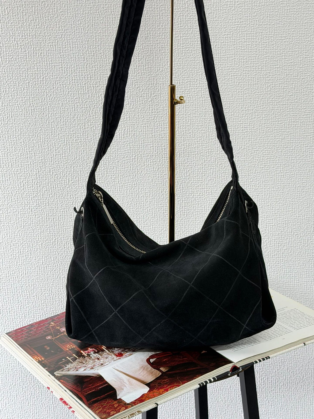 Chanel Black Quilted Suede Hobo Bag