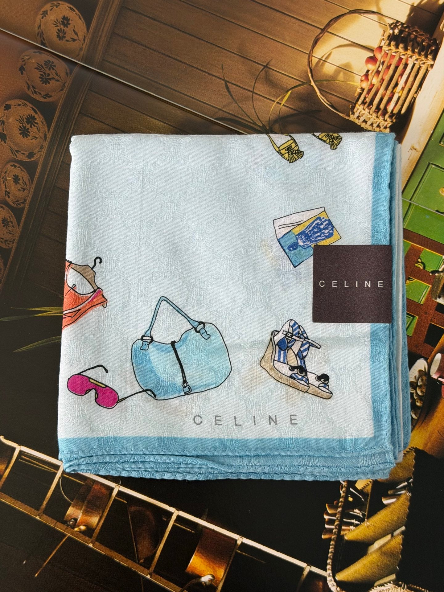 Celine Fashion Items Print Large Cotton Handkerchief