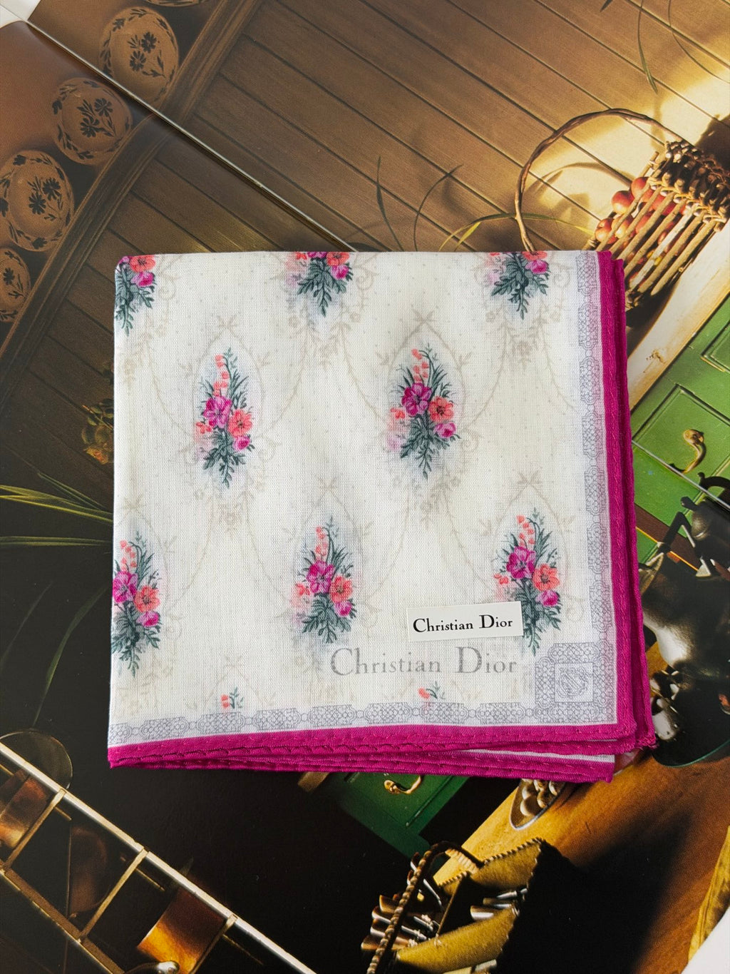 Christian Dior Vintage Floral Print Cotton Handkerchief