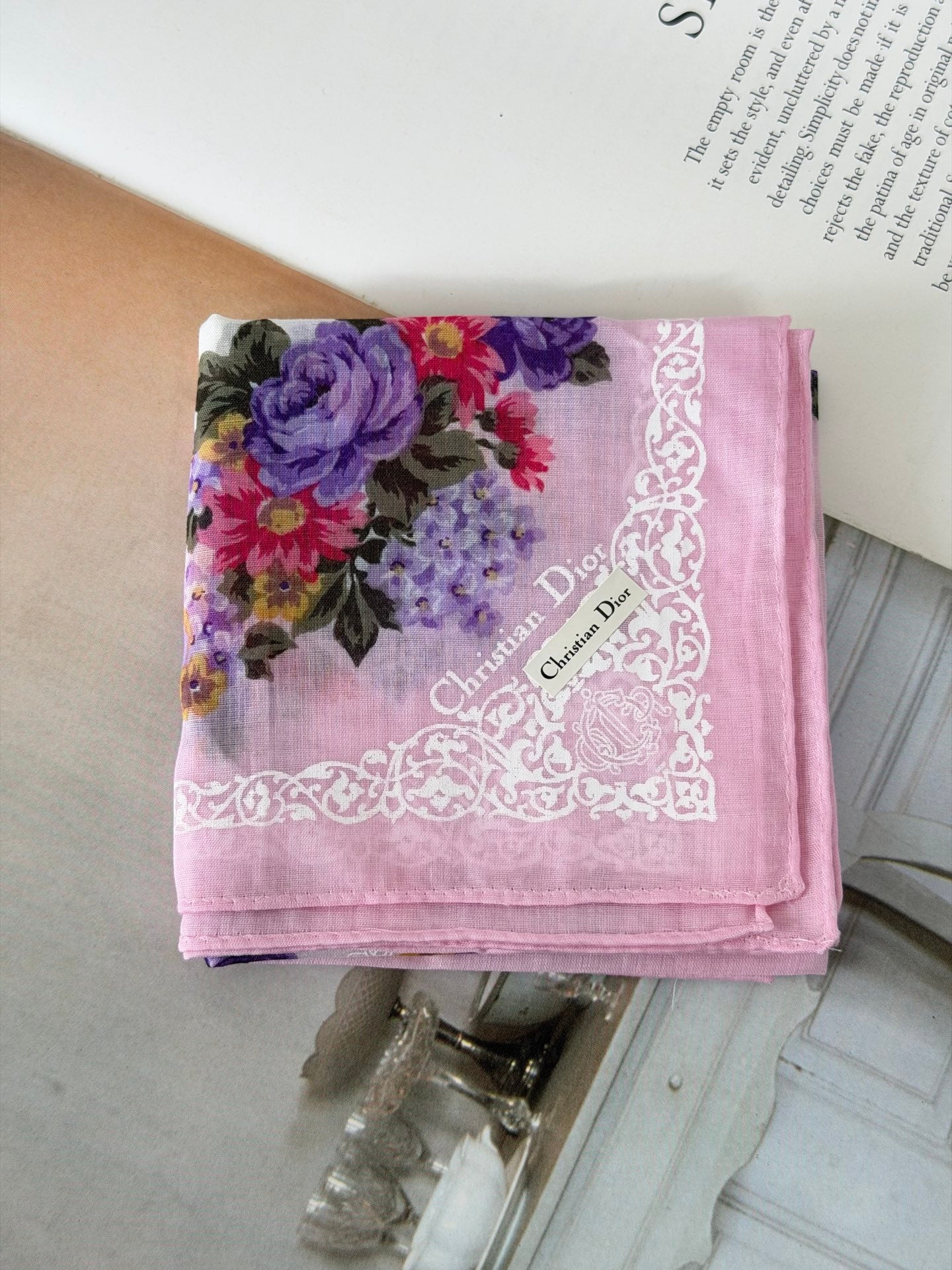 Christian Dior Rose and Lace Print Cotton Handkerchief