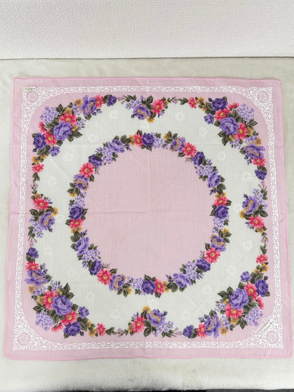 Christian Dior Rose and Lace Print Cotton Handkerchief