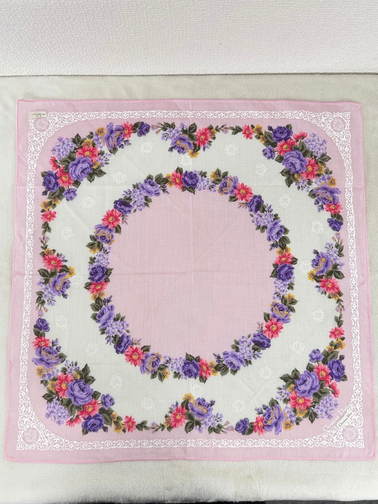 Christian Dior Rose and Lace Print Cotton Handkerchief
