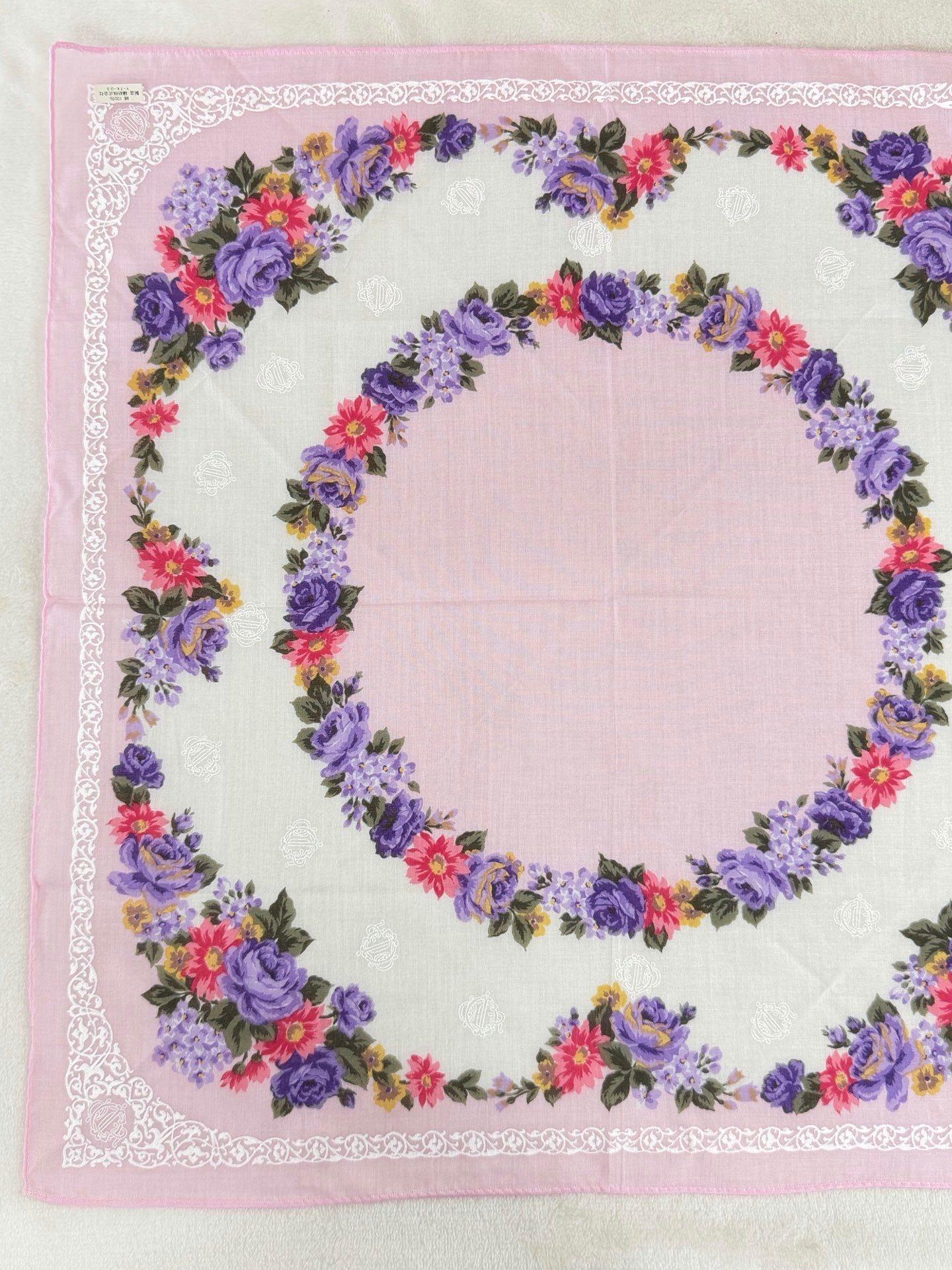 Christian Dior Rose and Lace Print Cotton Handkerchief