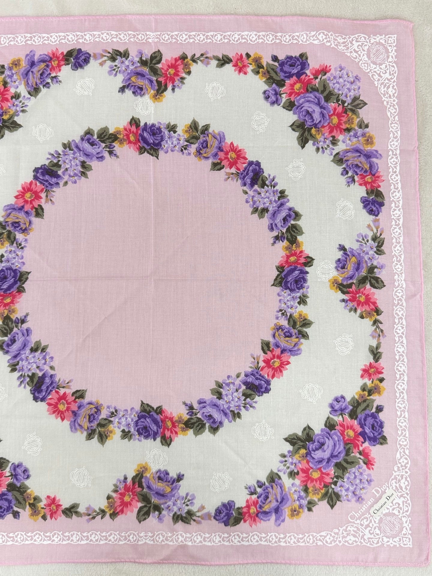 Christian Dior Rose and Lace Print Cotton Handkerchief
