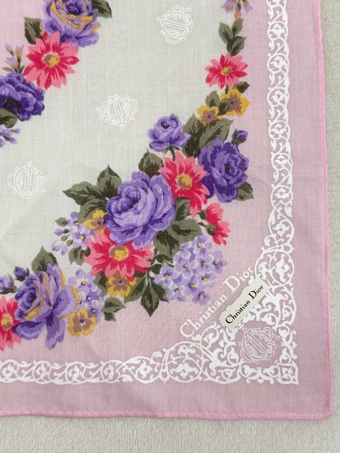 Christian Dior Rose and Lace Print Cotton Handkerchief