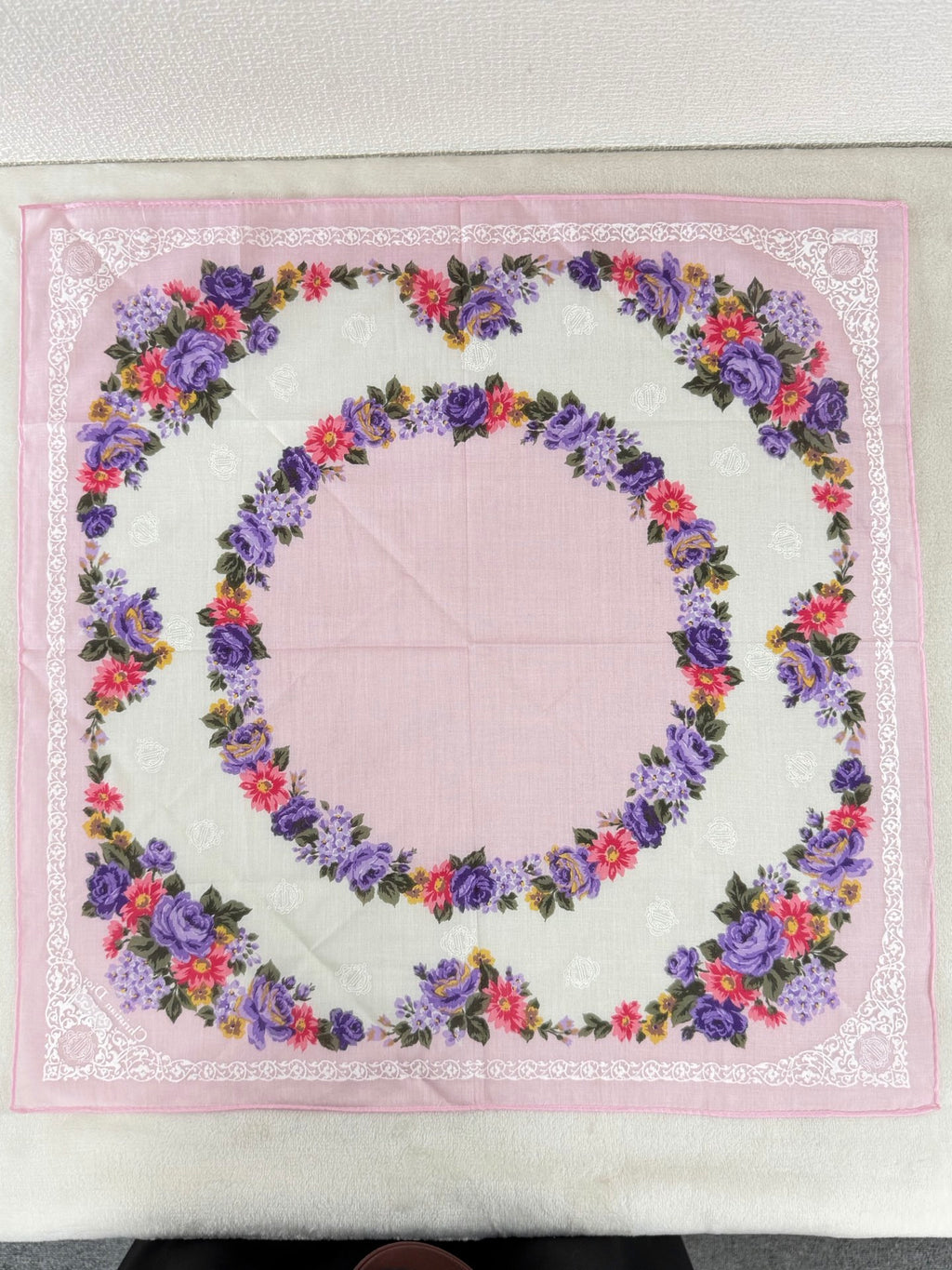 Christian Dior Rose and Lace Print Cotton Handkerchief