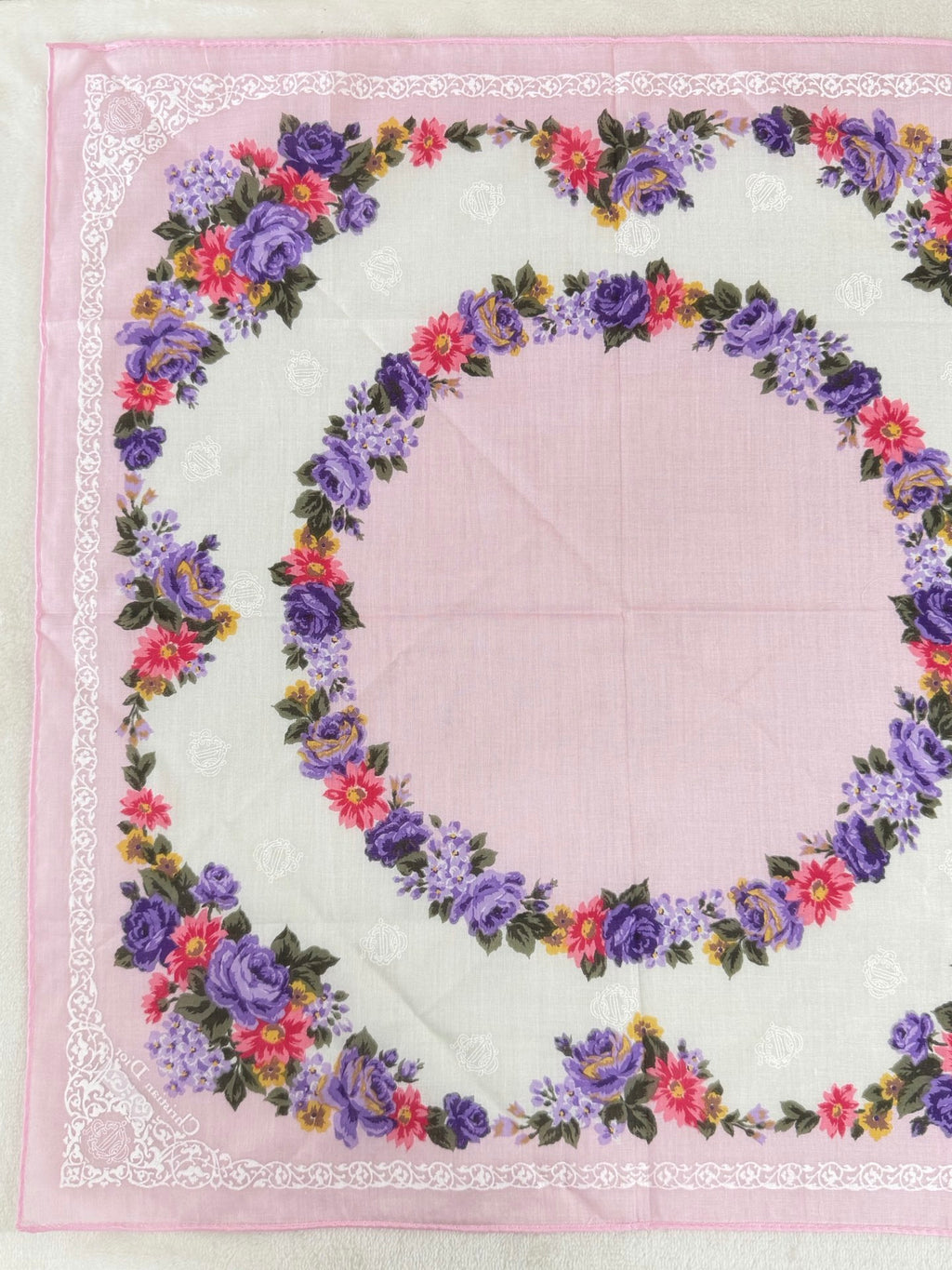 Christian Dior Rose and Lace Print Cotton Handkerchief