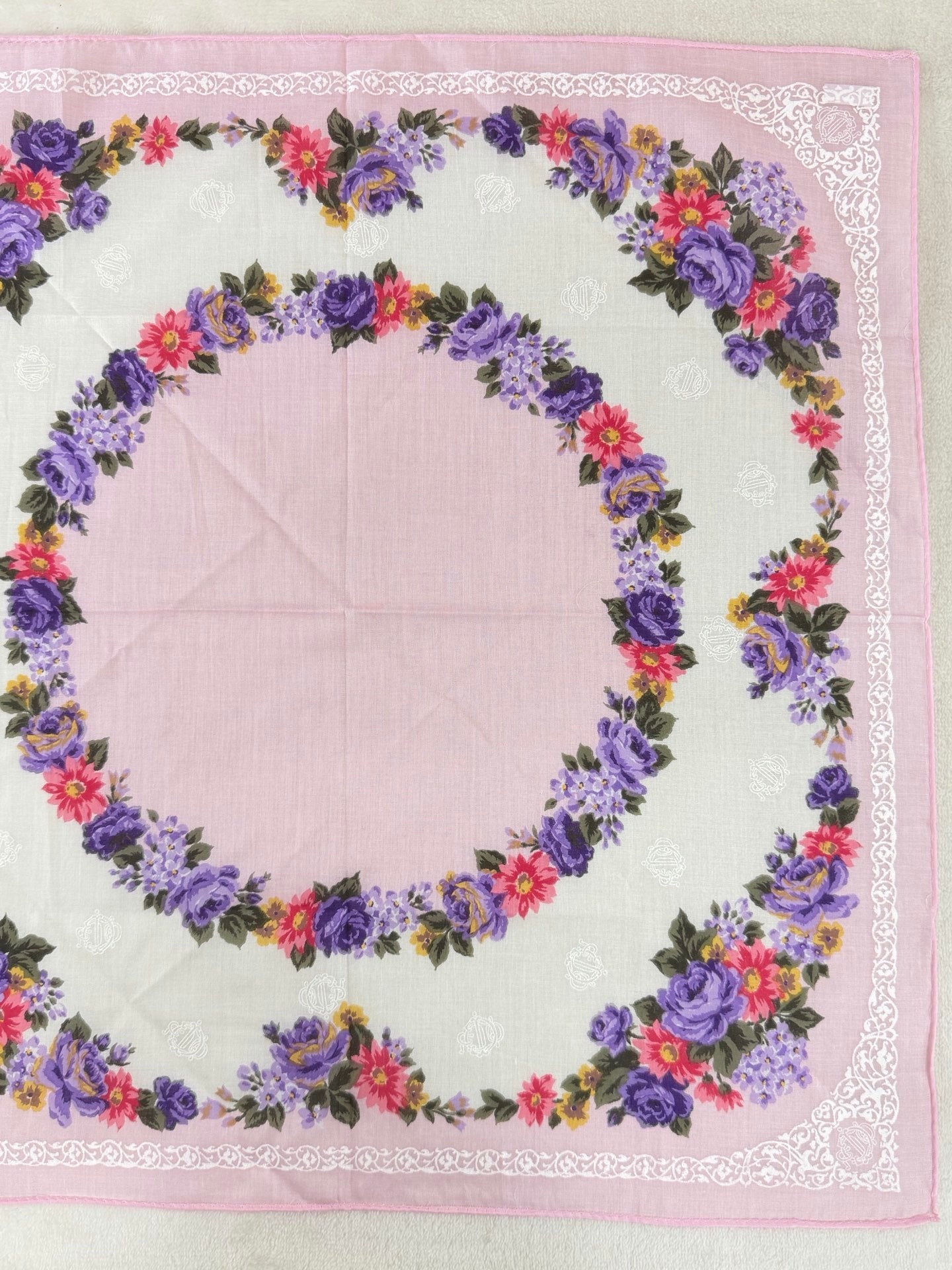 Christian Dior Rose and Lace Print Cotton Handkerchief
