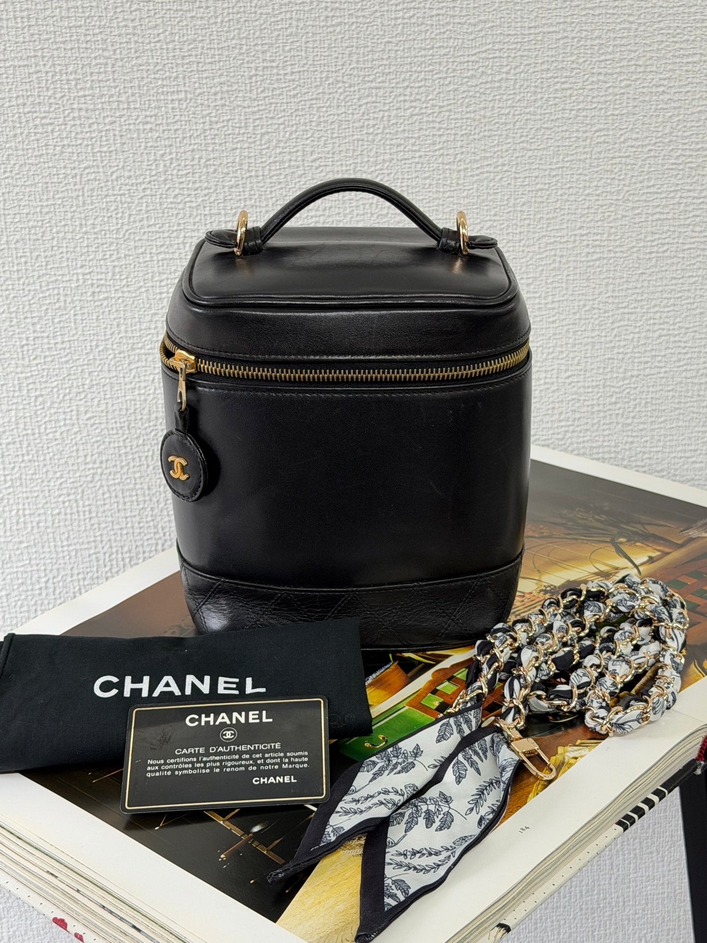 Chanel Black Leather Top Handle Cosmetic Vanity Bag