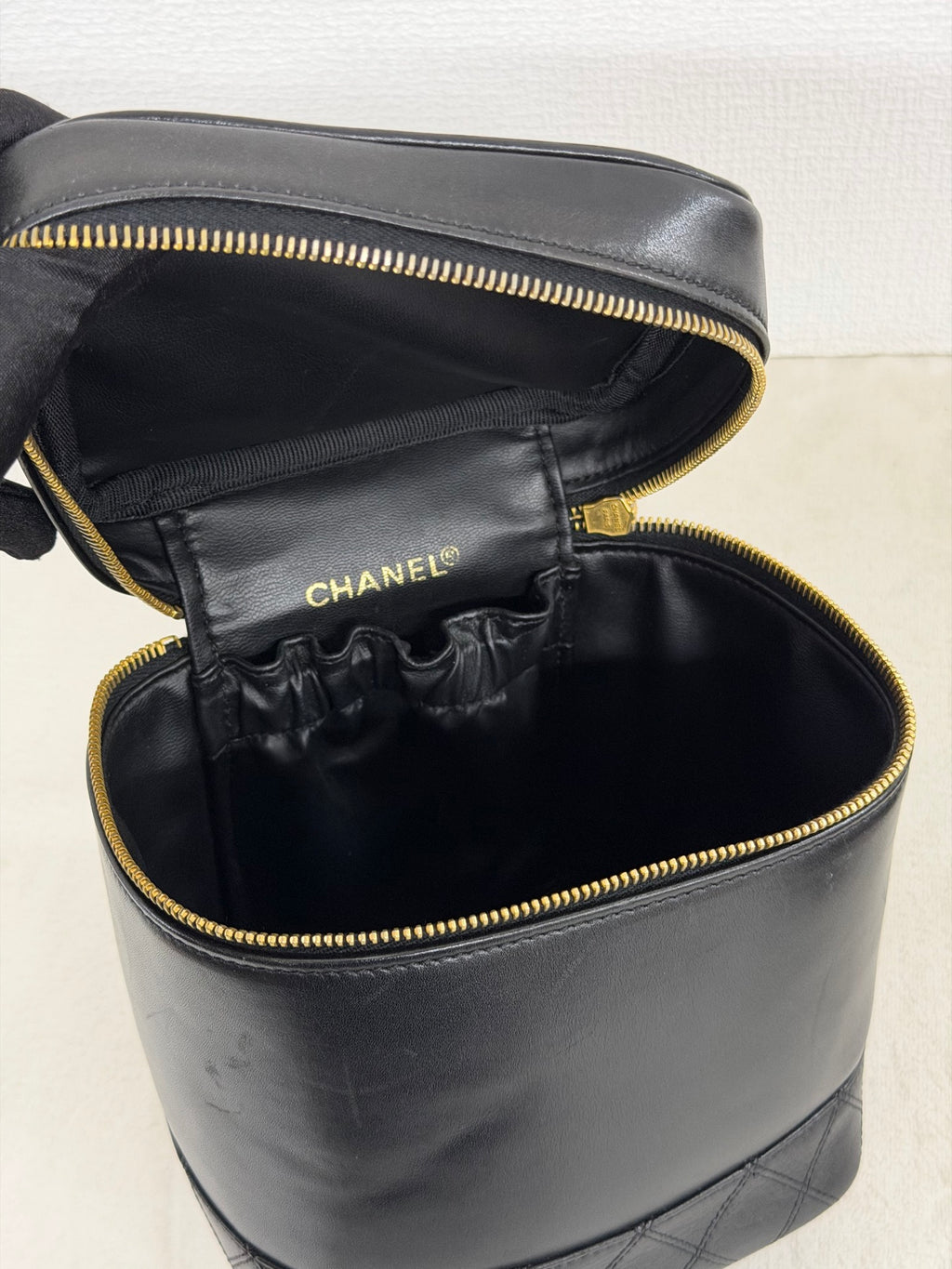 Chanel Black Leather Top Handle Cosmetic Vanity Bag