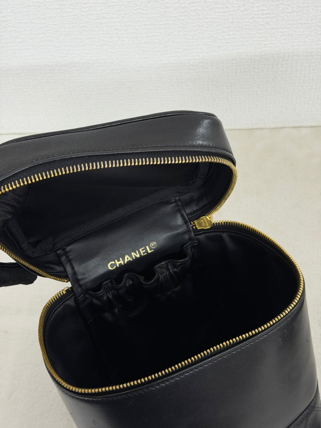 Chanel Black Leather Top Handle Cosmetic Vanity Bag