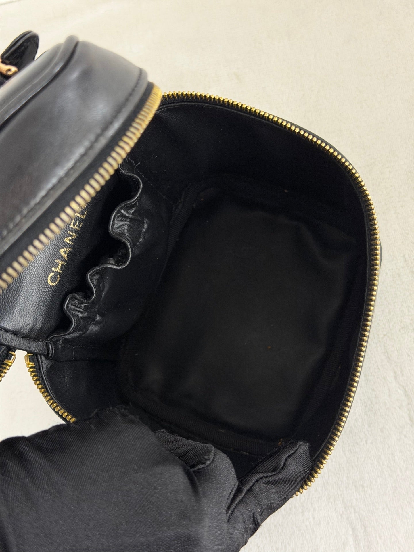 Chanel Black Leather Top Handle Cosmetic Vanity Bag