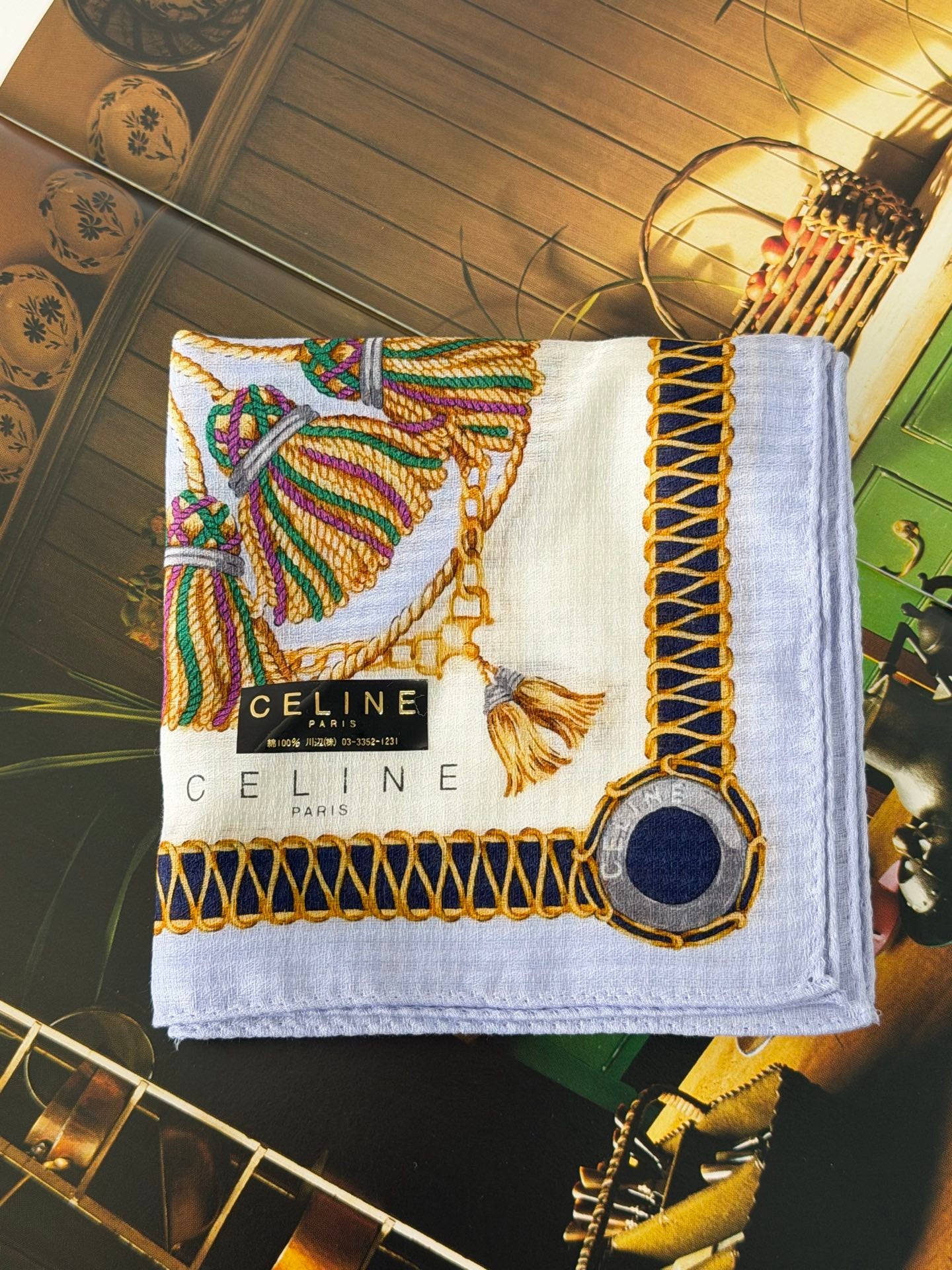 CELINE Tassel and Chain Print Cotton Handkerchief