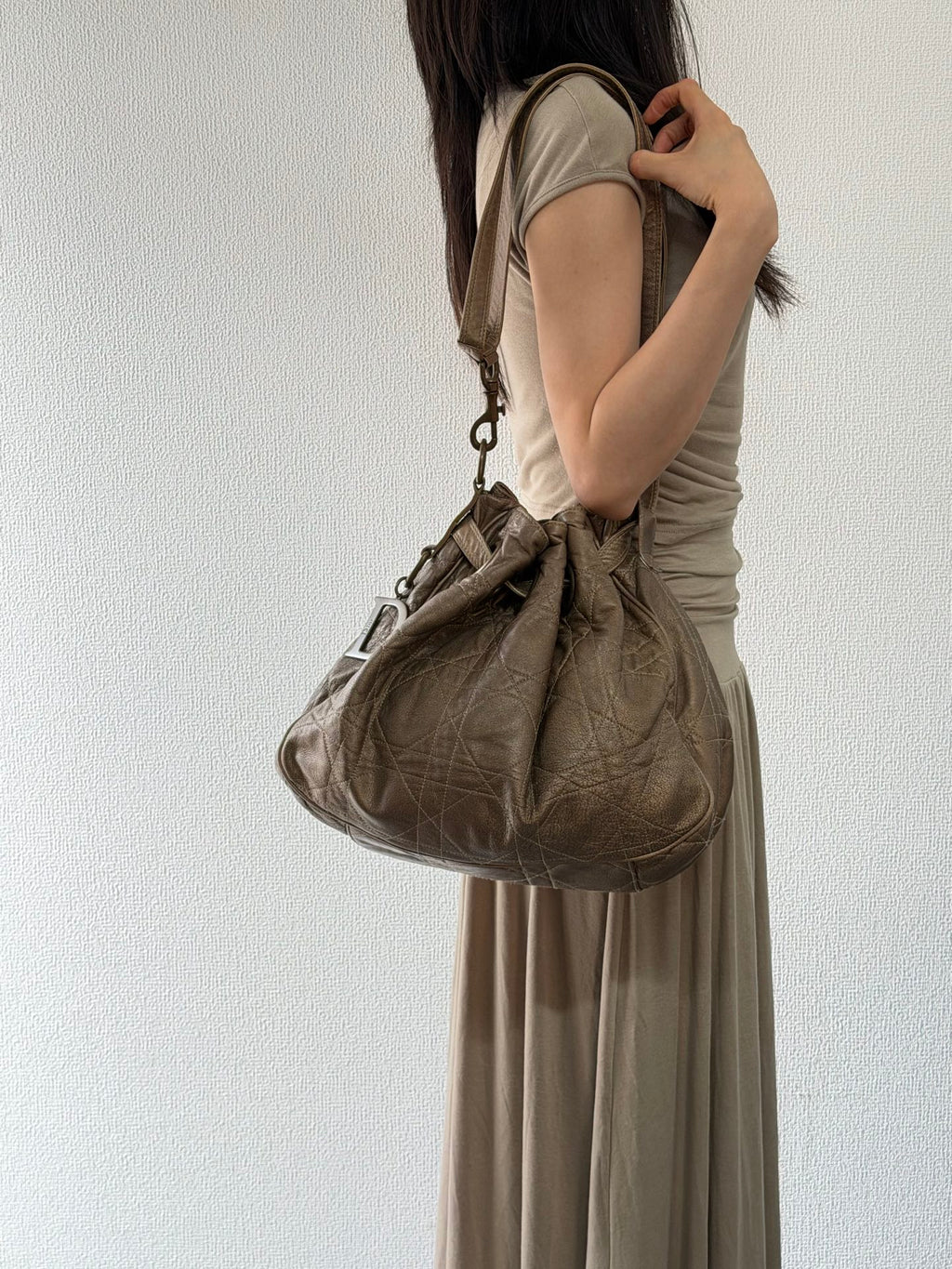 Christian Dior 2007 Lambskin Cannage Drawstring Hobo Bag
