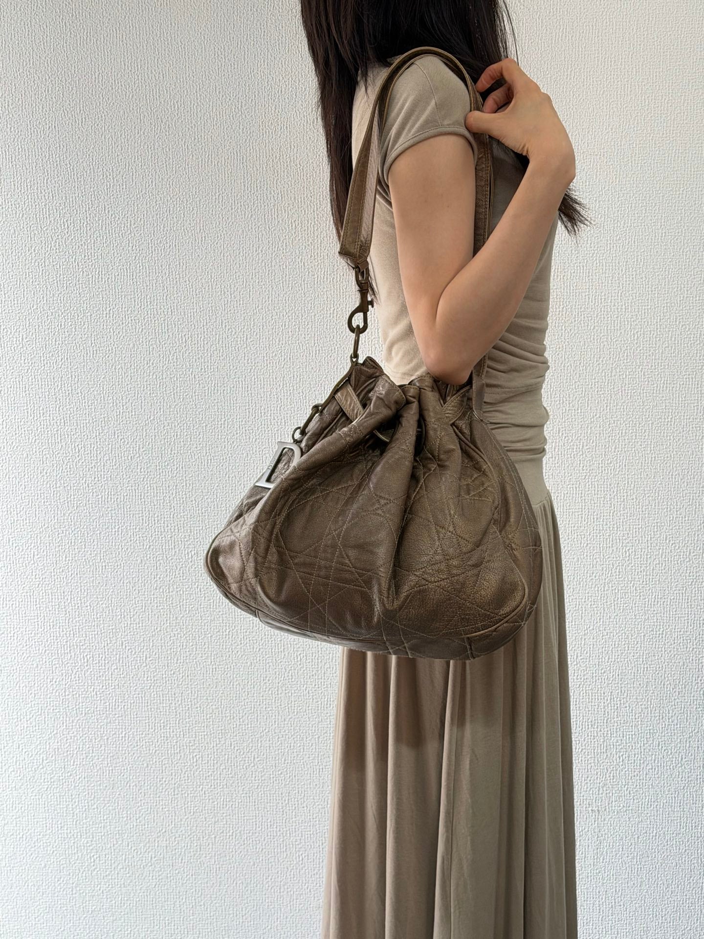 Christian Dior 2007 Lambskin Cannage Drawstring Hobo Bag