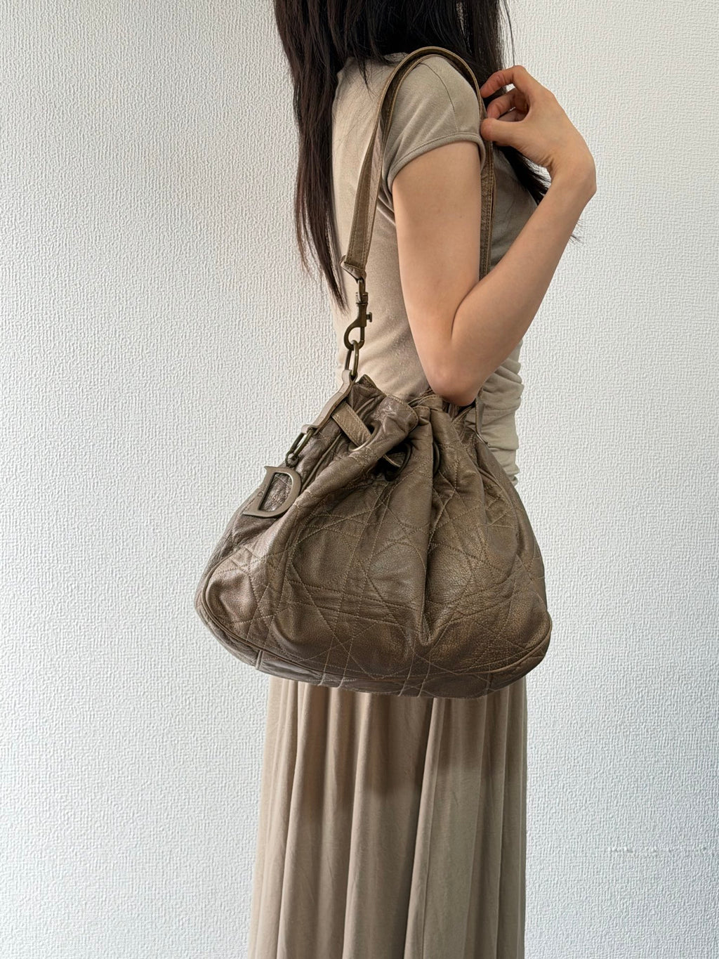 Christian Dior 2007 Lambskin Cannage Drawstring Hobo Bag