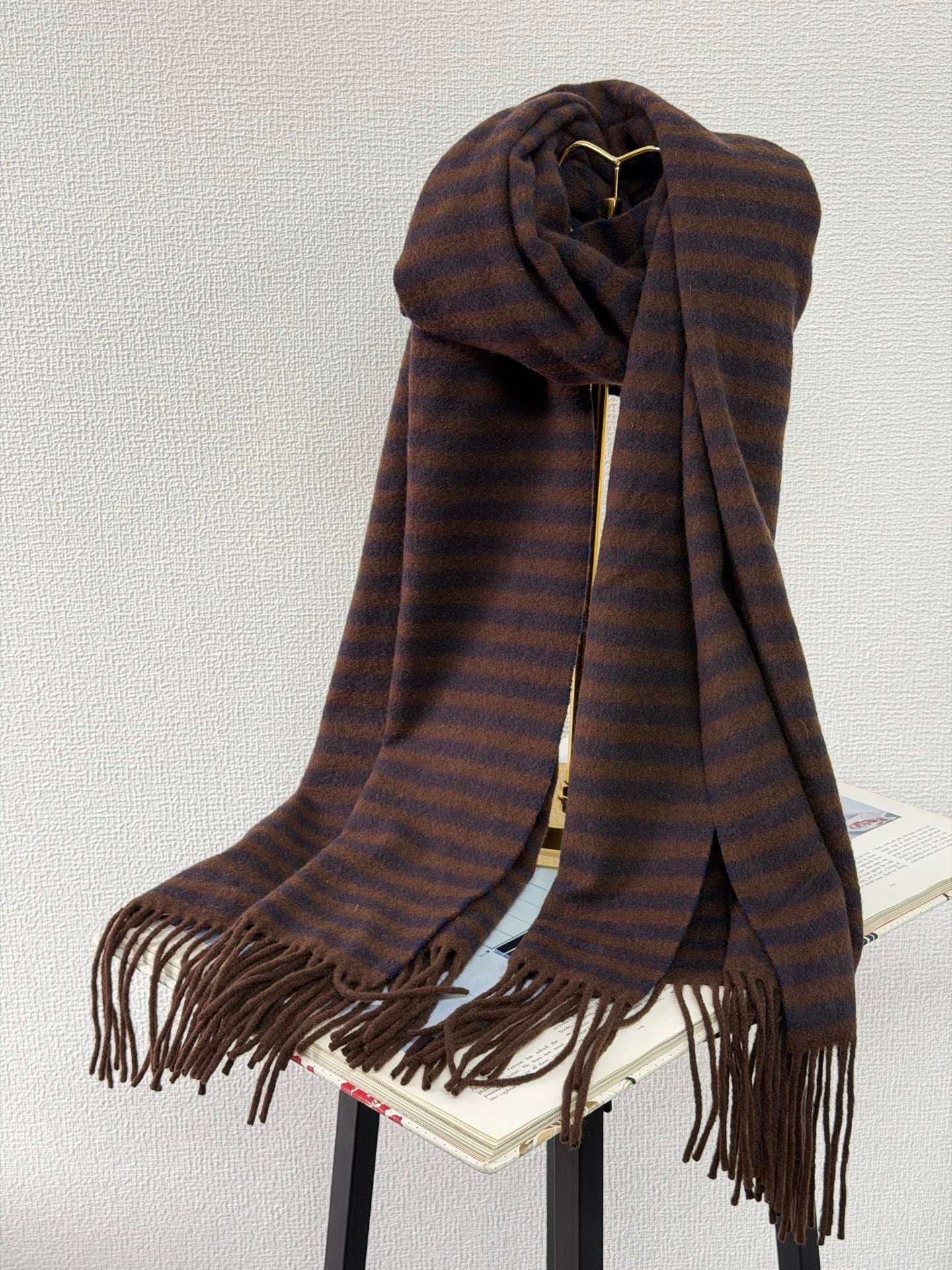 HERMES Striped Cashmere Fringe Scarf (Brown/Navy)